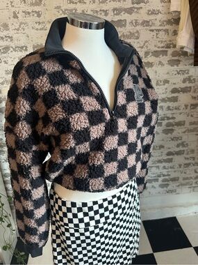 PINK Victoria's Secret Checkered Teddy Half-Zip Jacket in Black and Mauve